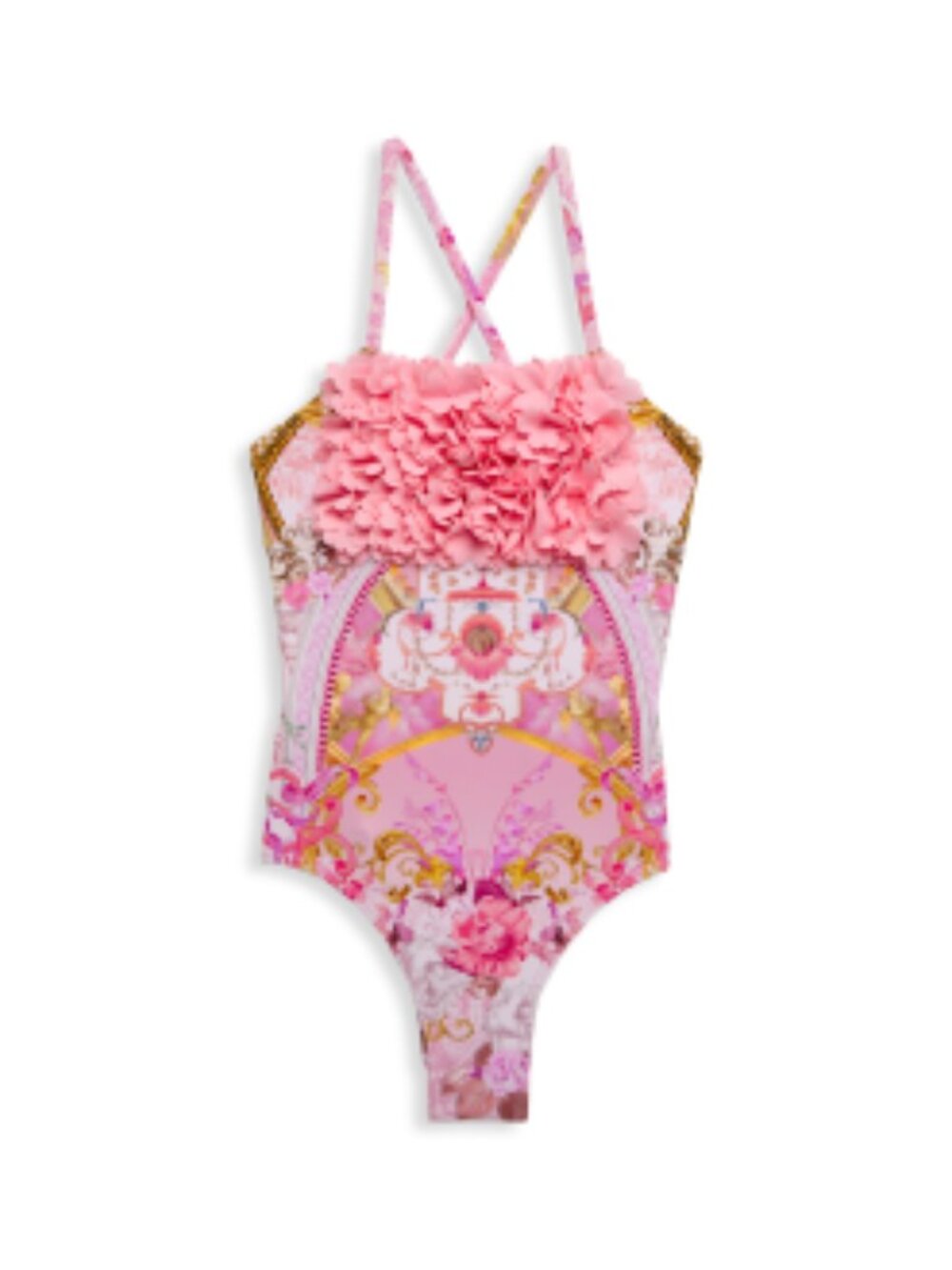 Camilla Girl One Piece Floral Pink Rosettes Swimwear Bathing Suit Size 12